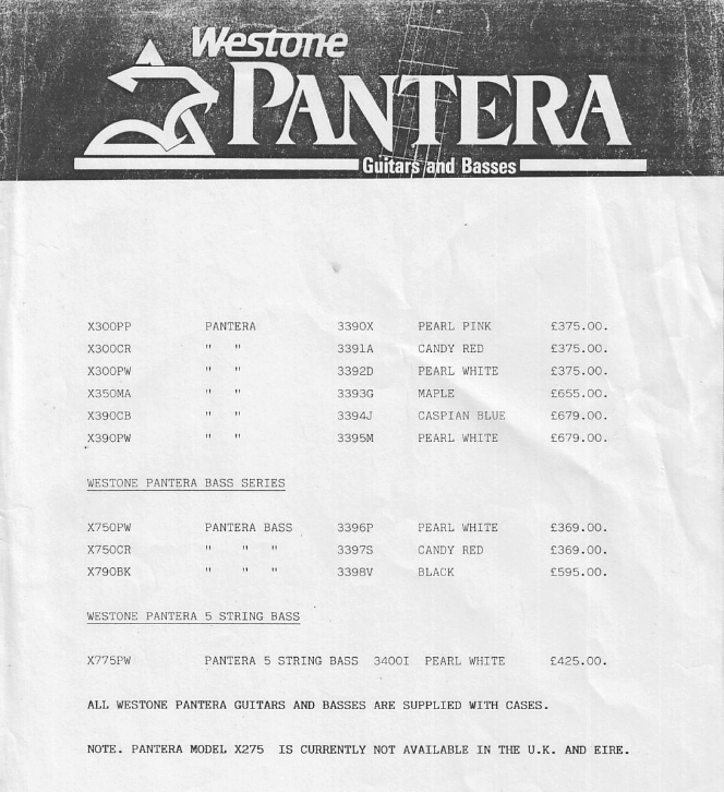Westone 1986 UK Pantera Pricelist | Vintage Japan Guitars
