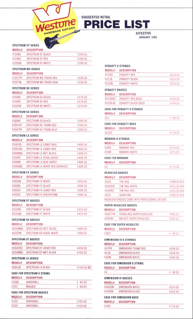 Westone 1986 US January 1st Pricelist - Vintage Japan Guitars